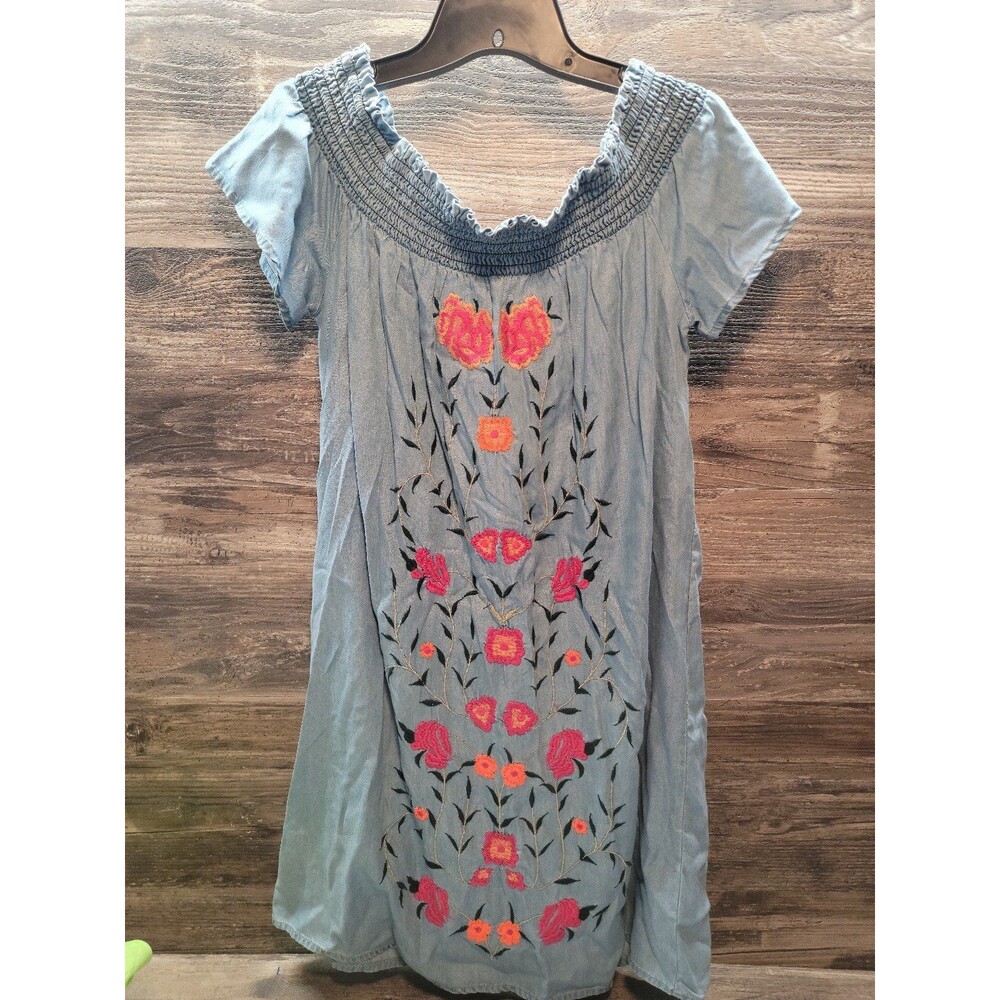 Francesca's Chambray Embroidered Off Shoulder Short Sleeve Short Dress